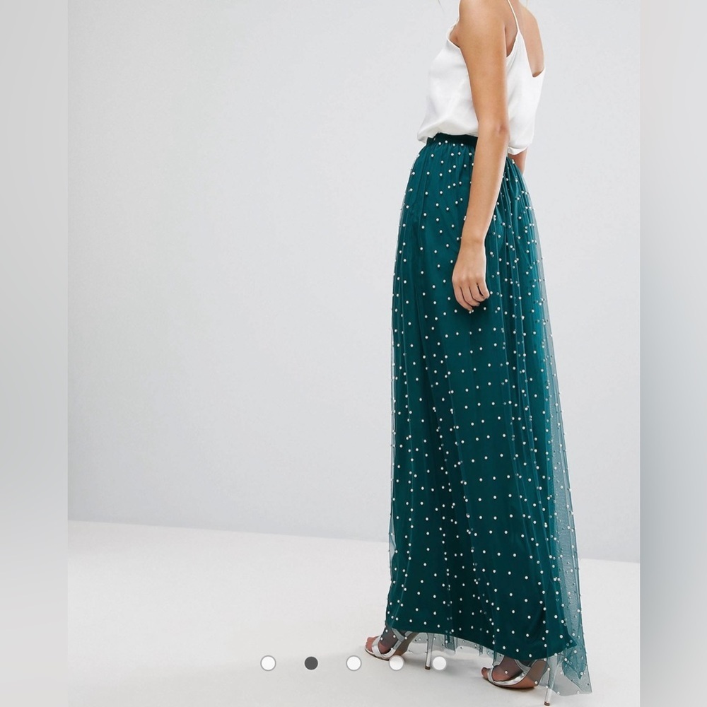 ASOS Design Women’s Tall Faux Pearl Embellished Tulle Maxi Skirt Forest Green - Picture 3 of 14